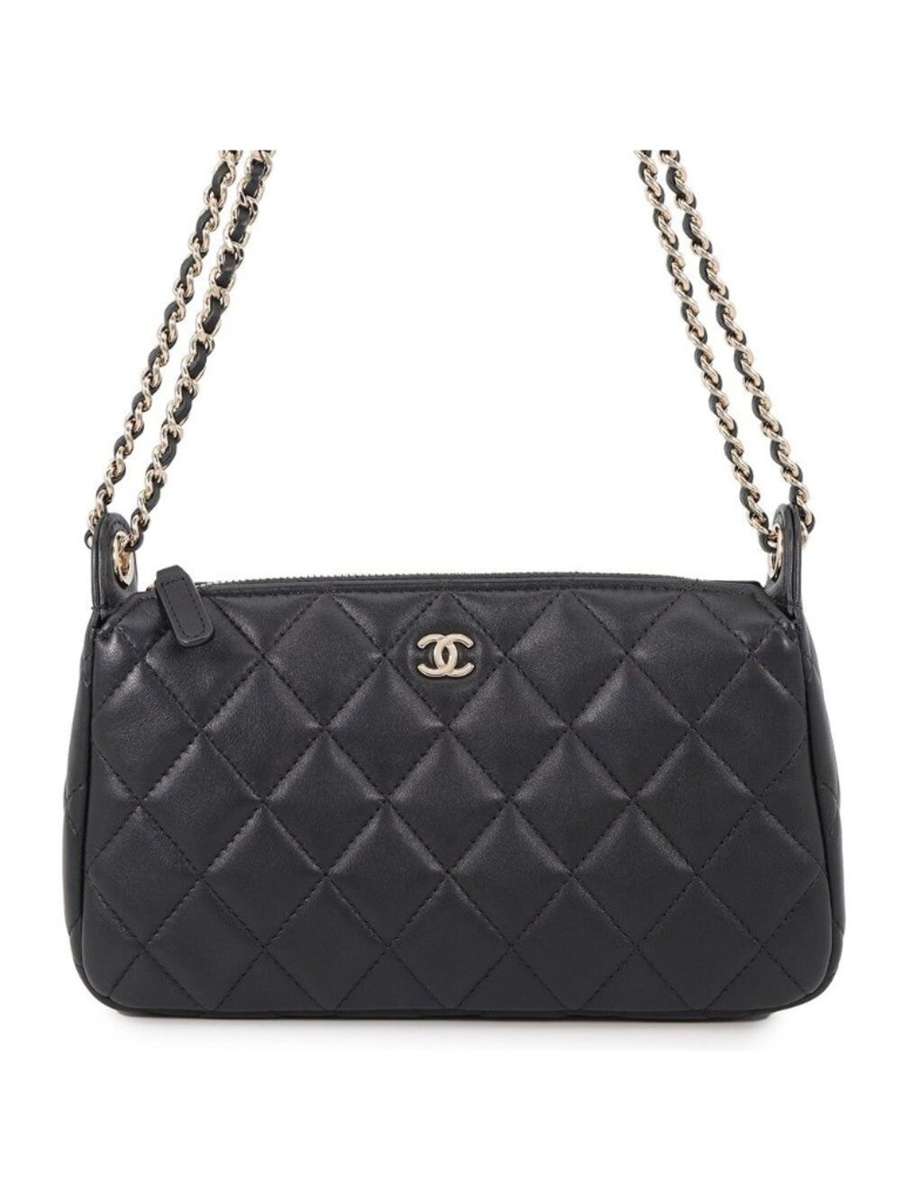 Chanel Chain Shoulder Bag Quilted CC Logo Clutch Caviar Leather 2-Way Black